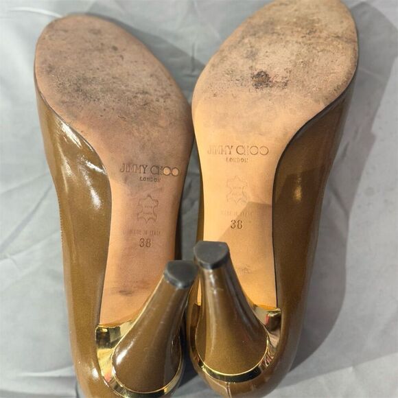 Jimmy Choo Evelyn Brown Patent Leather Peep Toe Heels Gold Heel EU 38 US 7.5-8 - Picture 7 of 10